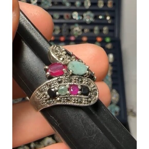 Sterling Silver & Gemstone Ring Size 8 Lab Created Ruby Emerald - Picture 4 of 4